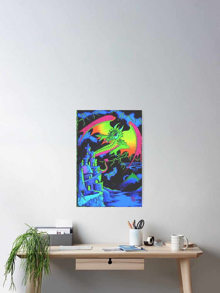 Thumbnail 2 of 3, Poster, Dragon and Castle Retro Black Light Style Poster designed and sold by WigOutlet.