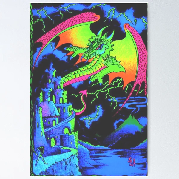 Dragon and Castle Retro Black Light Style Poster