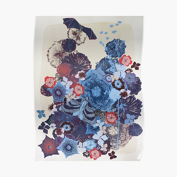 Floral Flightpath with pipistrelle bat and hydrangea moth Poster