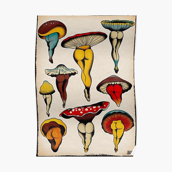 Vintage Sexy mushrooms tattoo flash Poster Poster
