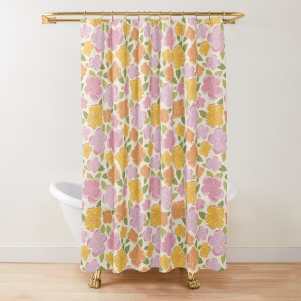 "Spring Blossoms” Colorful Graphic Yellow Pink Orange Green Flowers Designer Print Shower Curtain