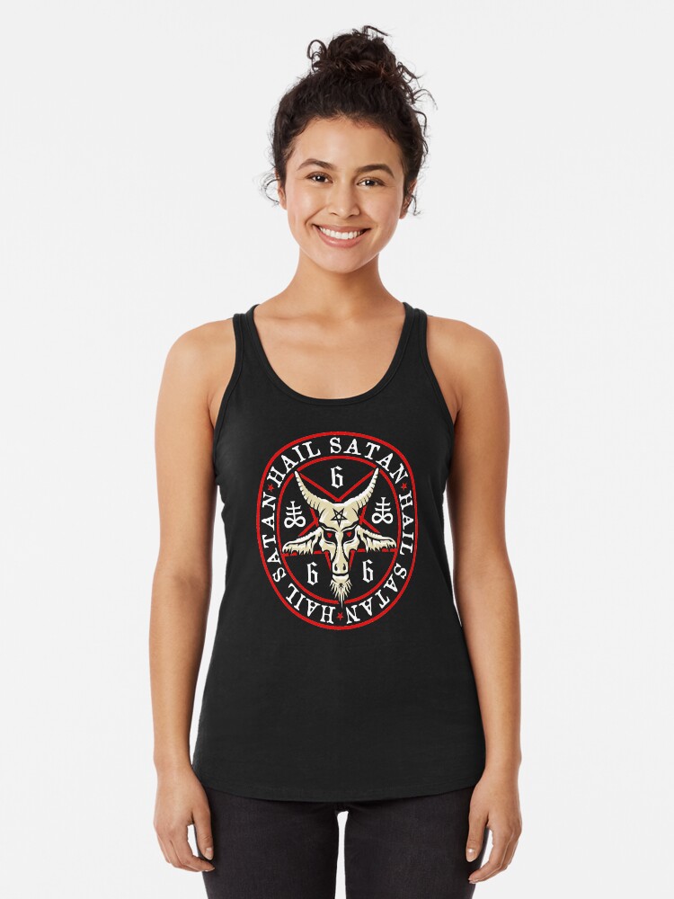 Thumbnail 1 of 3, Racerback Tank Top, Hail Satan Baphomet in Occult Inverted Pentagram designed and sold by TropicalToad.