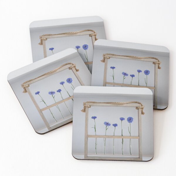 Item preview, Five blue nice cornflowers in a little vases in a wooden frame over grey, simple flower gift and decoration designed and sold by dariazu.