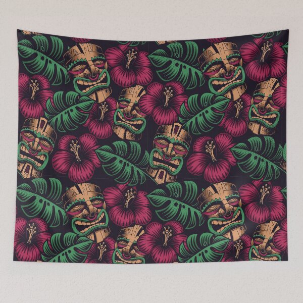 Item preview, Seamless Color Pattern with Tiki Mask Polynesia Style Dark Background designed and sold by Peekonet.