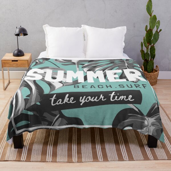 Item preview, Summer Slogan with Black White Tropical Leafs Green Background Fashion Print designed and sold by Peekonet.