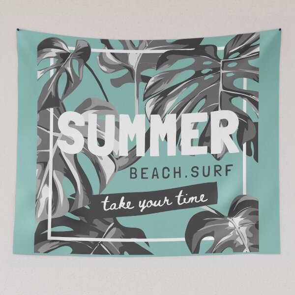 Item preview, Summer Slogan with Black White Tropical Leafs Green Background Fashion Print designed and sold by Peekonet.