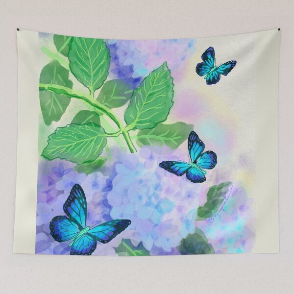 Item preview, Blue hydrangea and butterflies garden sketch designed and sold by orangerinka.