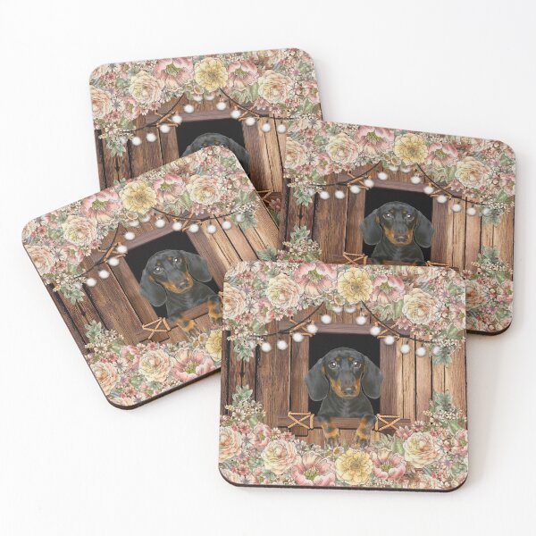 Item preview, Black Dachshund In The Wooden Window & Floral Decoration designed and sold by Clitus.