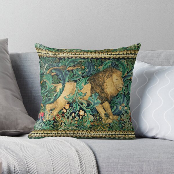 GREENERY ,FOREST ANIMALS, LION AMONG ACANTHUS LEAVES AND FLOWERS Art Nouveau Tapestry Throw Pillow