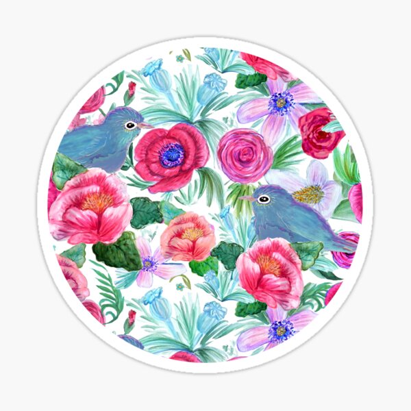 Pink Peony and bluebirds, flowers and butterflies in watercolor Sticker