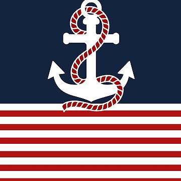 Artwork thumbnail, Nautical red white stripes and red anchor on blue background by IoanaHraball