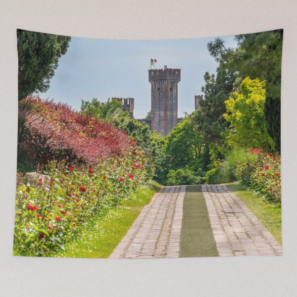 Item preview, The parco giardino Sigurta gardens with the Castle of Valeggio sul Mincio on the background near Verona - Veneto region - Italy landmarks . designed and sold by fineartitalia.