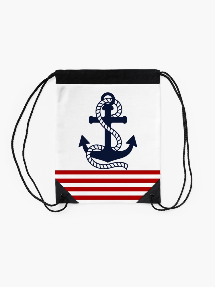 Alternate view of Nautical red and white stripes with a navy blue anchor Drawstring Bag