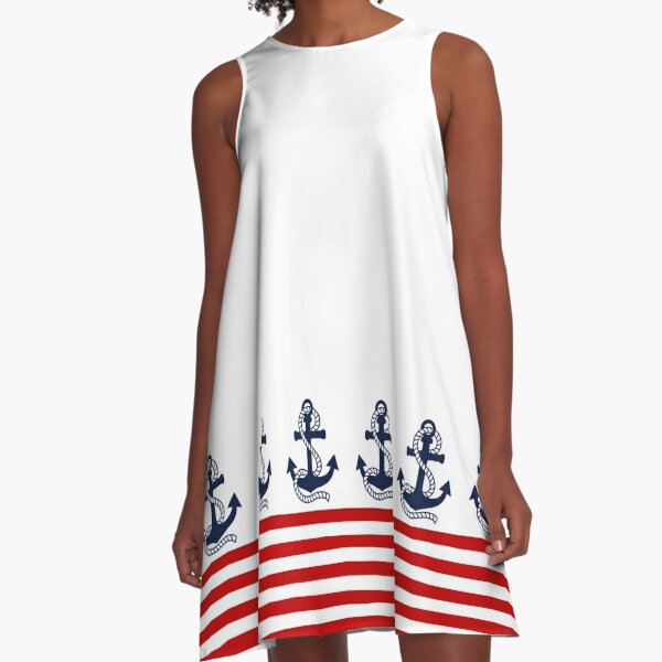 Nautical red and white stripes with a navy blue anchor A-Line Dress