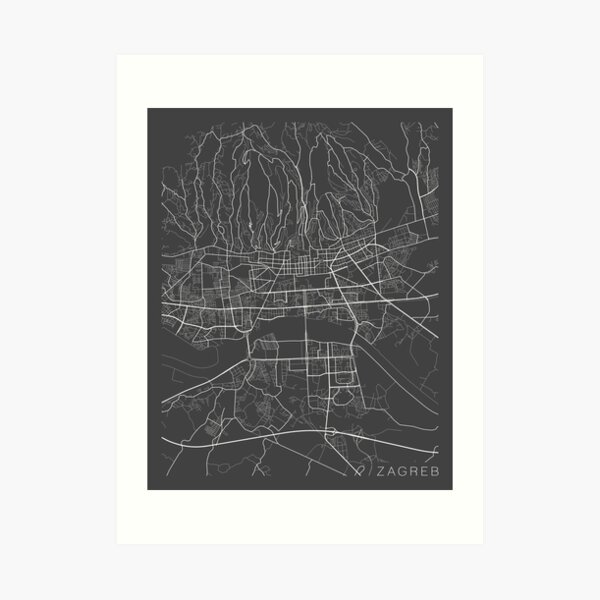 Zagreb Karte Kroatien Schwarz Und Weiss Kunstdruck Von Mainstreetmaps Redbubble