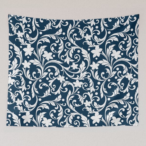 Item preview, Navy Blue and White Floral Damask Pattern designed and sold by thelustrous.