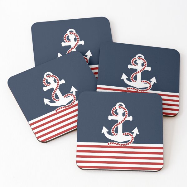 Item preview, Nautical red white stripes and red anchor on blue background designed and sold by IoanaHraball.