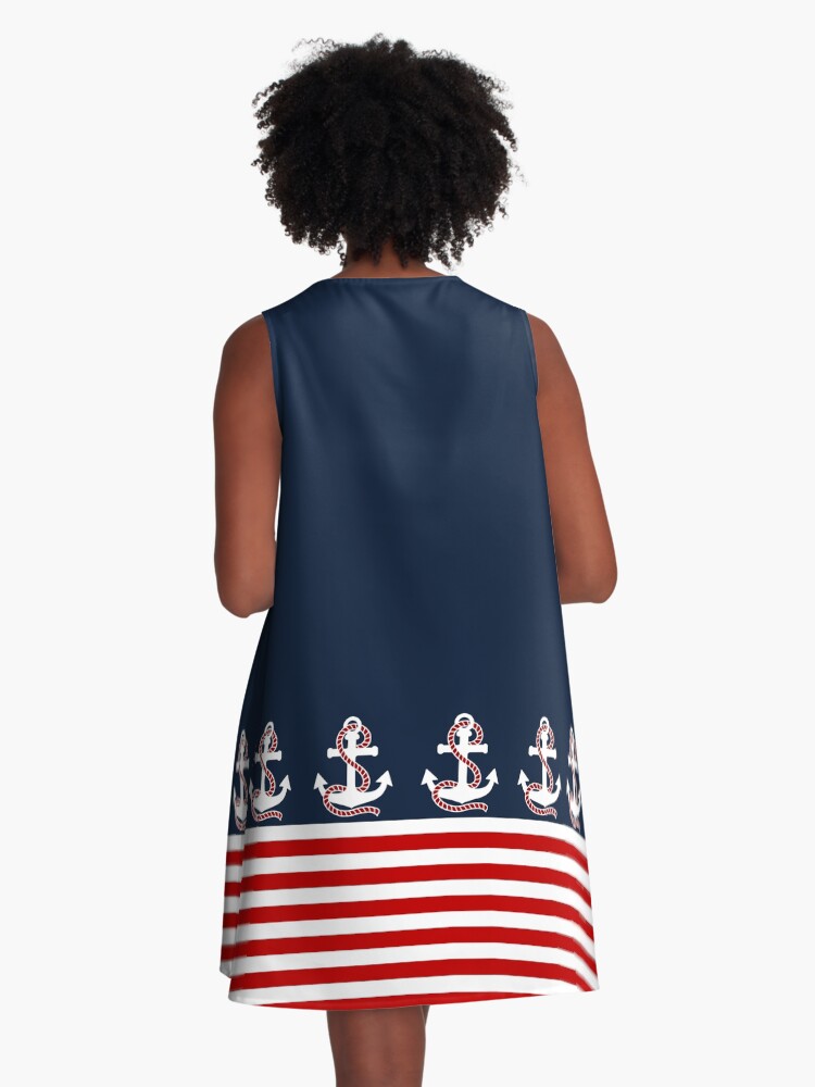 Thumbnail 3 of 4, A-Line Dress, Nautical red white stripes and red anchor on blue background designed and sold by IoanaHraball.