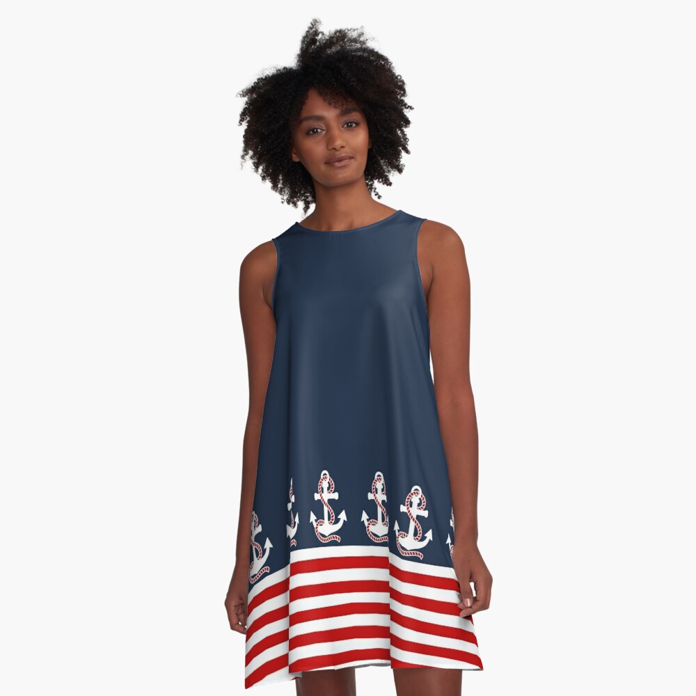 Nautical red white stripes and red anchor on blue background A-Line Dress