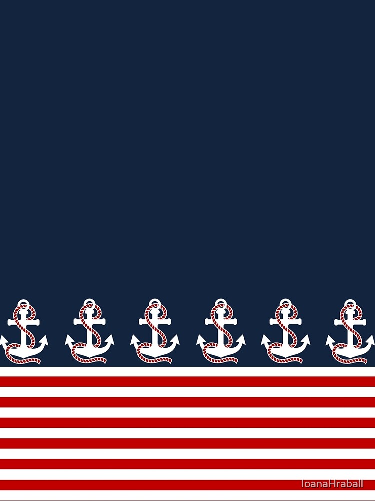 Nautical red white stripes and red anchor on blue background by IoanaHraball