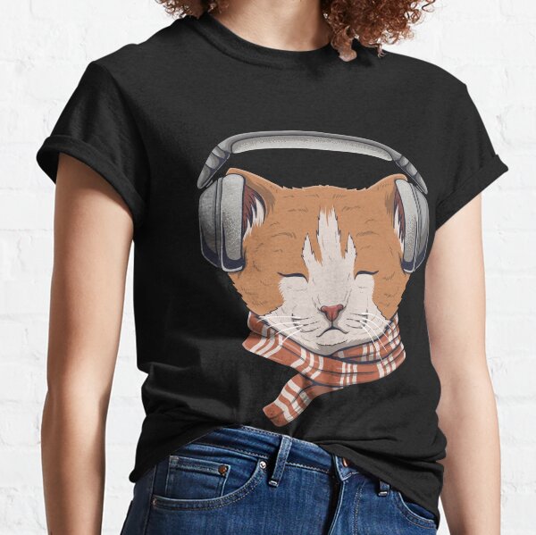 Neon Cat In Glasses With Headphones Funny Adult T Shirt 