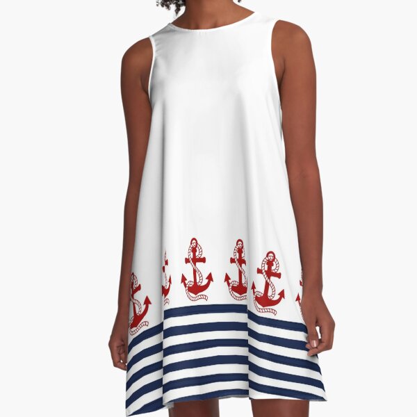 Nautical navy blue and white stripes with a red anchor A-Line Dress