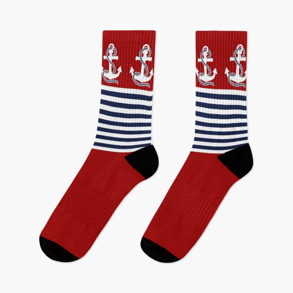 Item preview, Nautical red white stripes and blue anchors on red background designed and sold by IoanaHraball.
