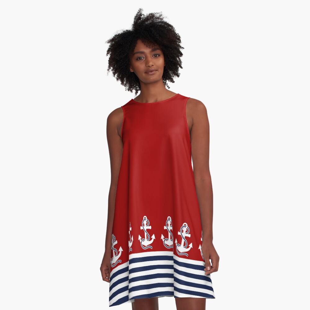 Nautical red white stripes and blue anchors on red background A-Line Dress