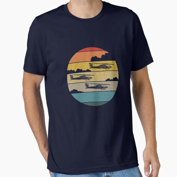 Vista previa del artículo con la obra «AH64 Apache Retro Sunset Helicopter Flying AH-64 Apache Gear», diseñado y vendido por DynamicDesign.