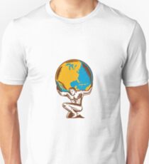 Atlas Lifting Globe Kneeling Woodcut Unisex T-Shirt