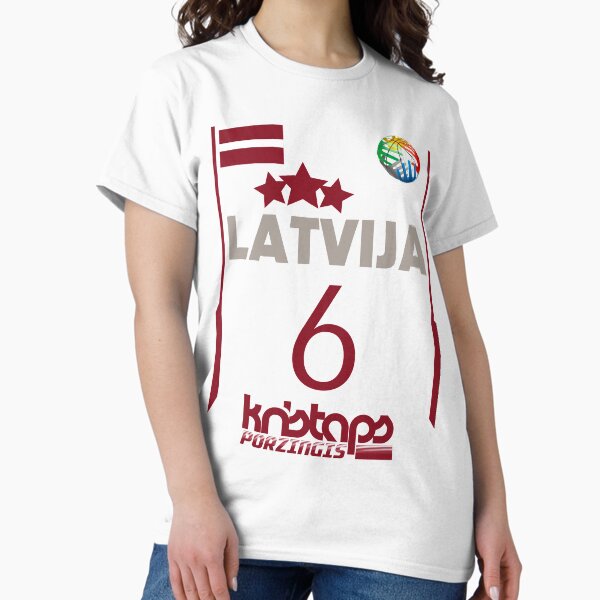 Aperçu de l'œuvre Kristaps Porzingis Retro Lettonie Euro Style Basketball Design créée et vendue par acquiesce13.