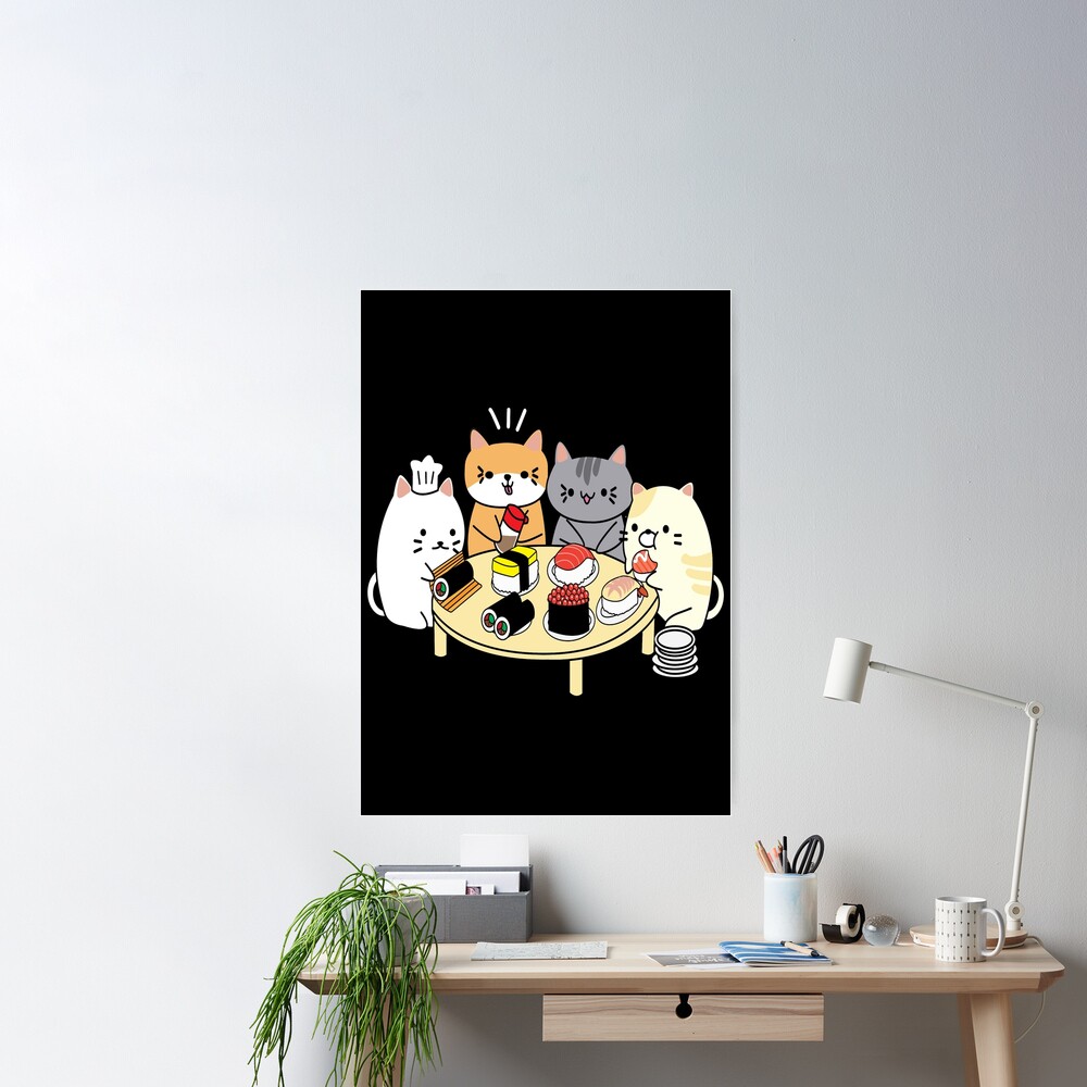 Kawaii Maneki Neko Sushi' Poster, picture, metal print, paint by LeSheer  Displate, Displate