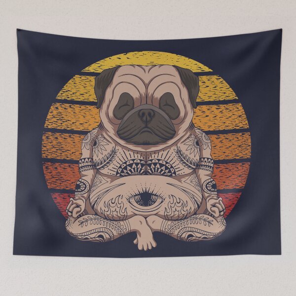 Item preview, Yoga Pug Dog Sunset Retro Illustration designed and sold by Peekonet.