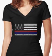 Thin Blue Red Line Flag Women's Fitted V-Neck T-Shirt