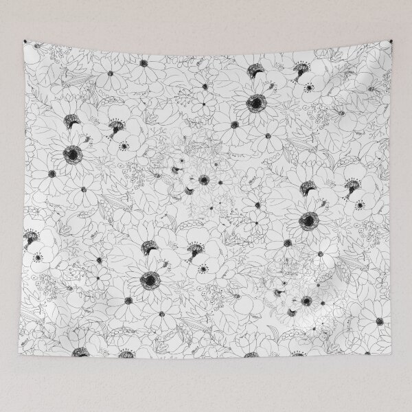 Item preview, flowers line drawing pattern black and white designed and sold by ColorandColor.