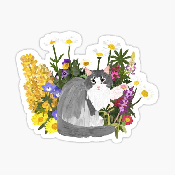 Cat with wildflowers Sticker