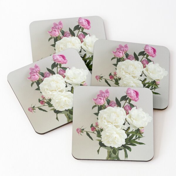 Item preview, Simple sloopy flower bouquet of pink and white peonies flowers in a transparent vase over pastel background, spring and summer season flowers, Valentine`s day designed and sold by dariazu.