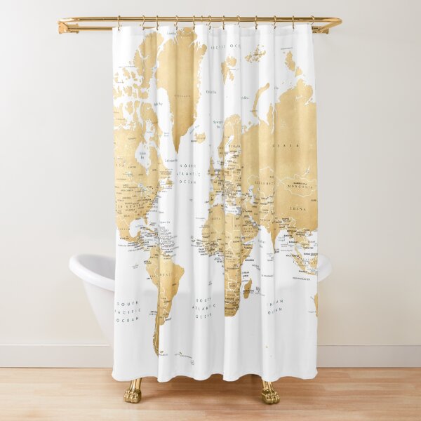 Ochre gold world map with country capitals Shower Curtain