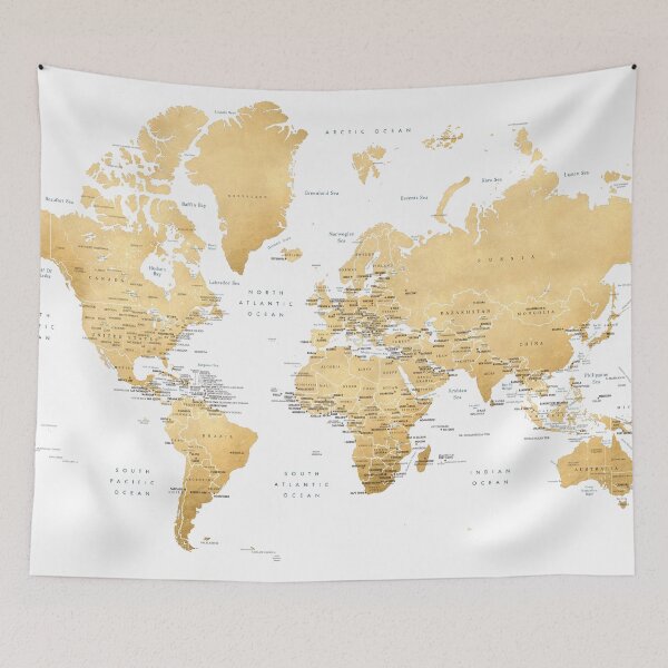 Item preview, Ochre gold world map with country capitals designed and sold by blursbyai.