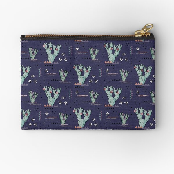 Boho Tribal Cactus with desert flowers - indigo blue Zipper Pouch