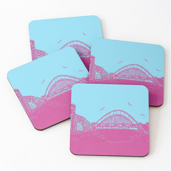 Item preview, Bridges of NewcastleGateshead Quayside Linocut in Turquoise and Raspberry designed and sold by Maddy Bennett.