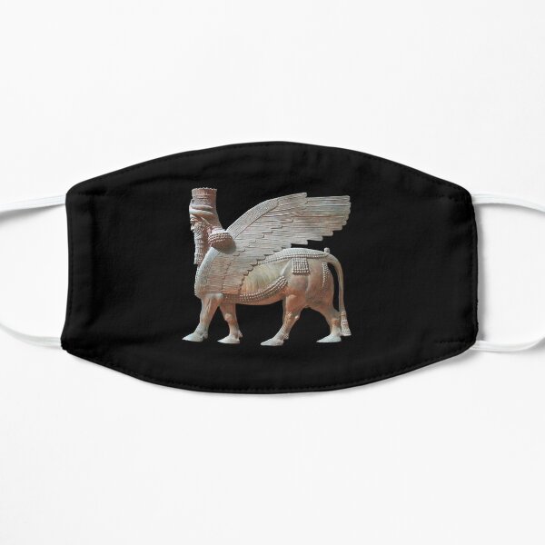 ASSYRIA. ASSYRIAN. Human headed winged bull. Lamassu Statue. On Black. Flat Mask