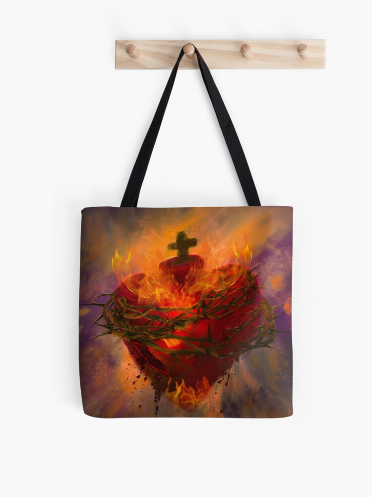 Thumbnail 1 of 2, Tote Bag, Sacred Heart of Jesus designed and sold by phatpuppyart.
