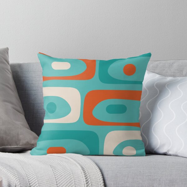 Aperçu de l'œuvre Motif abstrait de piquet moderne du milieu du siècle en turquoise turquoise, orange et beige crème créée et vendue par kierkegaard.