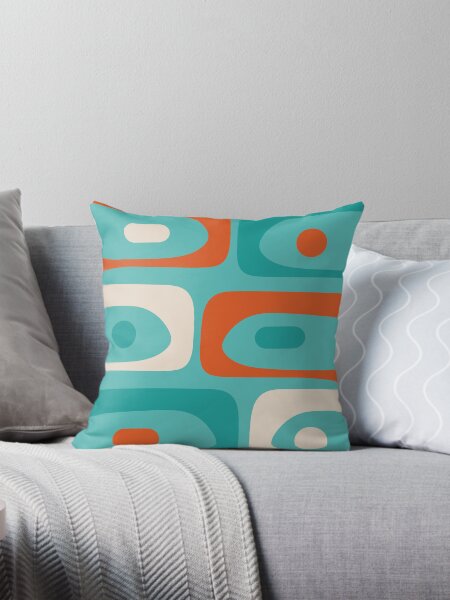 Aperçu de l'œuvre Motif abstrait de piquet moderne du milieu du siècle en turquoise turquoise, orange et beige crème créée et vendue par kierkegaard.