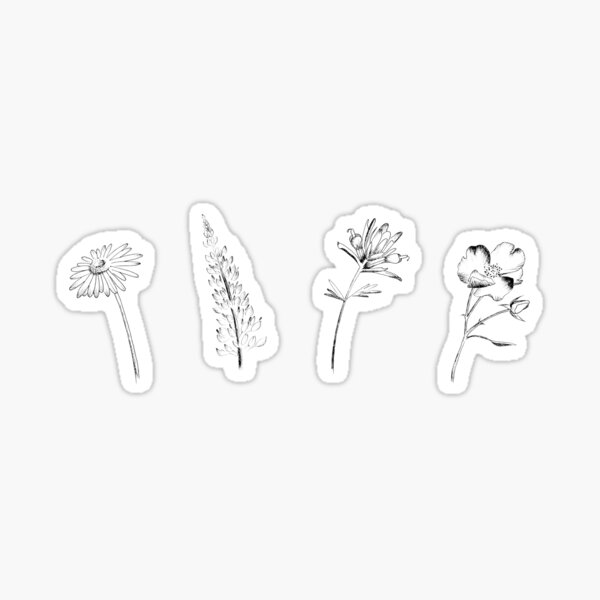 Delicate Wildflowers - Ink Drawing, Black and White Sticker