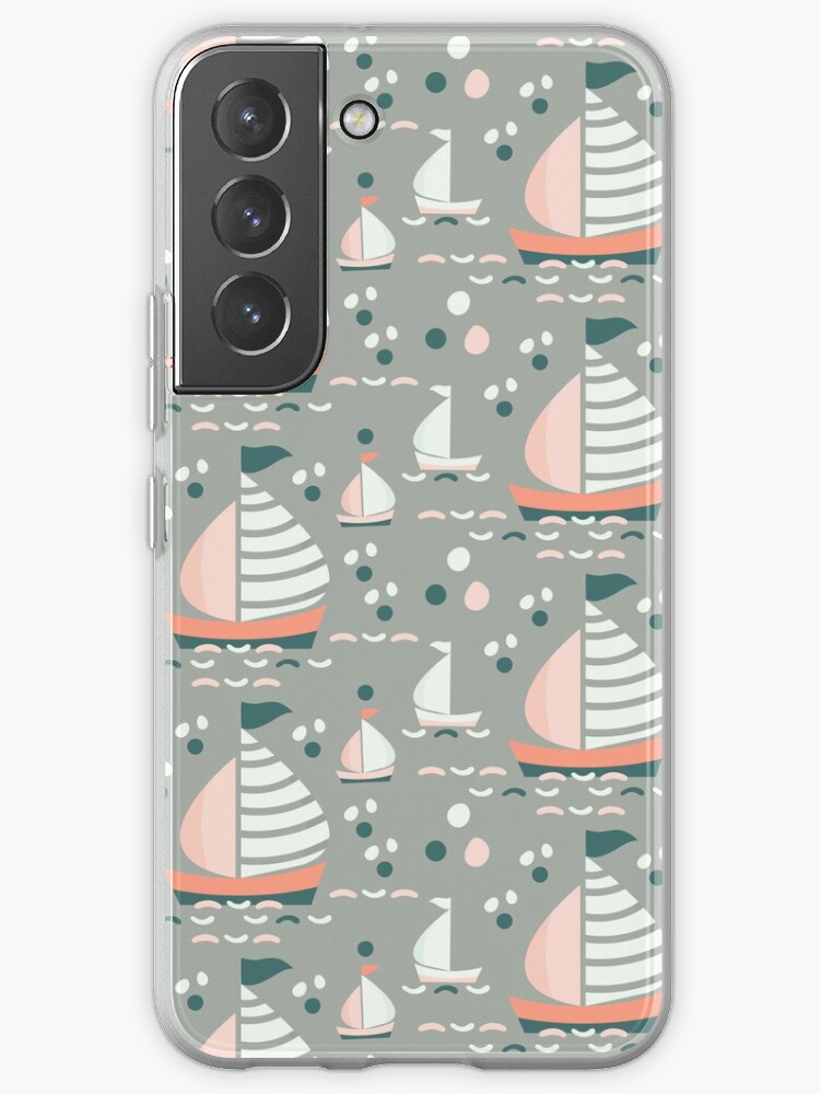Thumbnail 1 of 4, Samsung Galaxy Phone Case, Ship and Sea Pattern. Marine Illustration on the light green background designed and sold by Victoria Riabov.