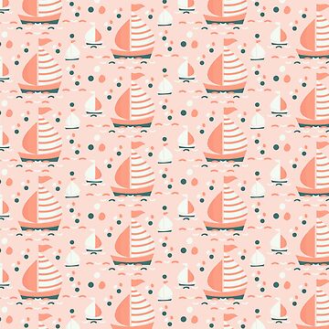 Artwork thumbnail, Kid's sea pattern with the ship on the pink background in the cartoon style. by vectormarketnet