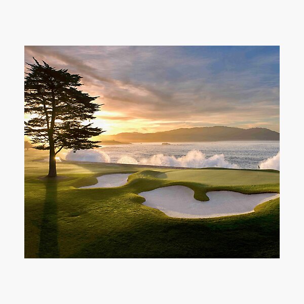 Item preview, Pebble Beach 18th hole sunset stunning colors against the ocean designed and sold by oldwestcowboy.