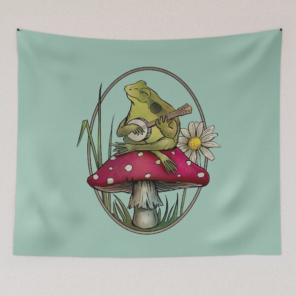 Item preview, Cottagecore Aesthetic Cute Kawaii Frog Playing Banjo on Mushroom designed and sold by JinxWhaleDesign.